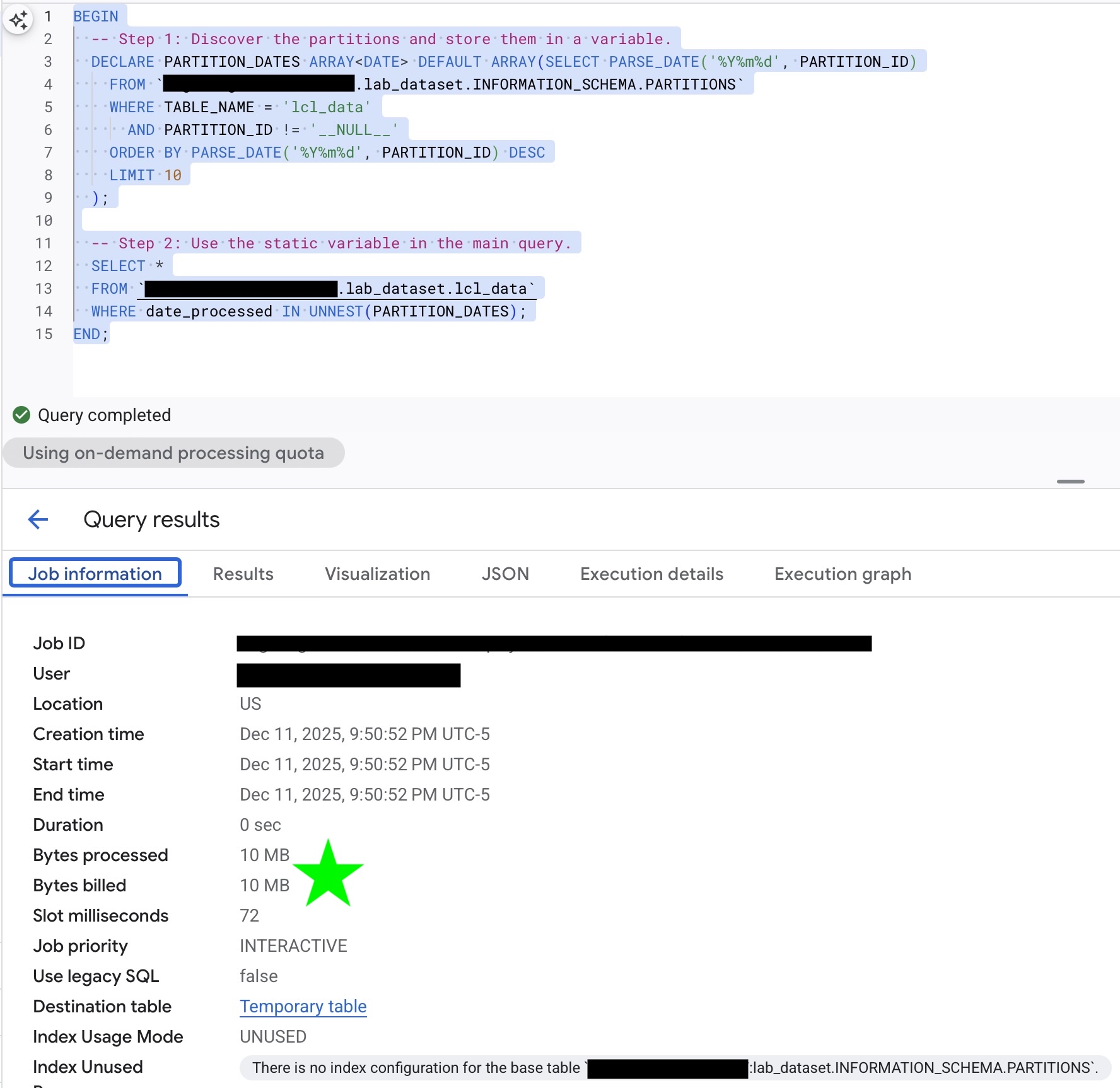 Child 1: Job info for partition dates query