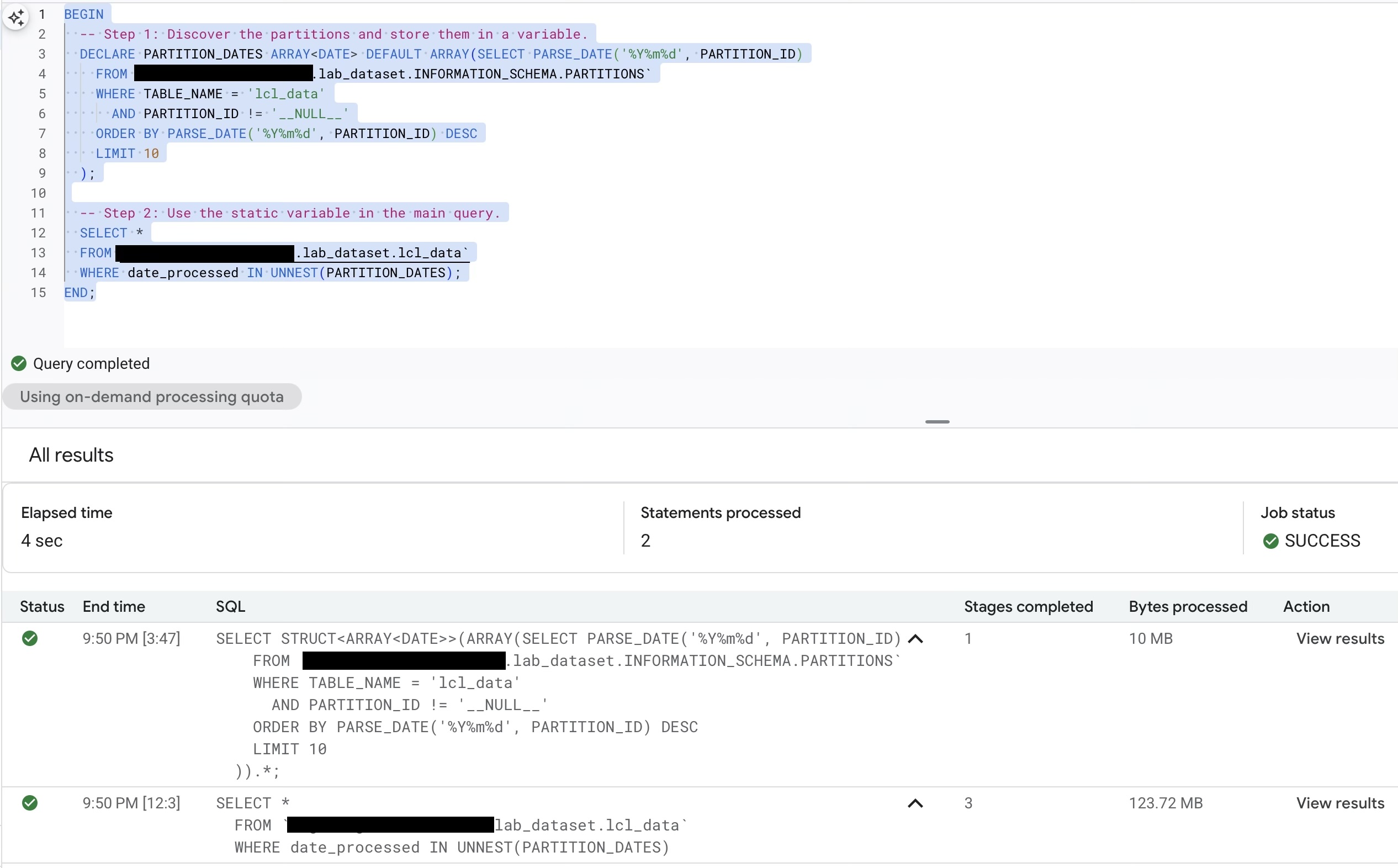 Parent: BEGIN...END block showing both queries executed