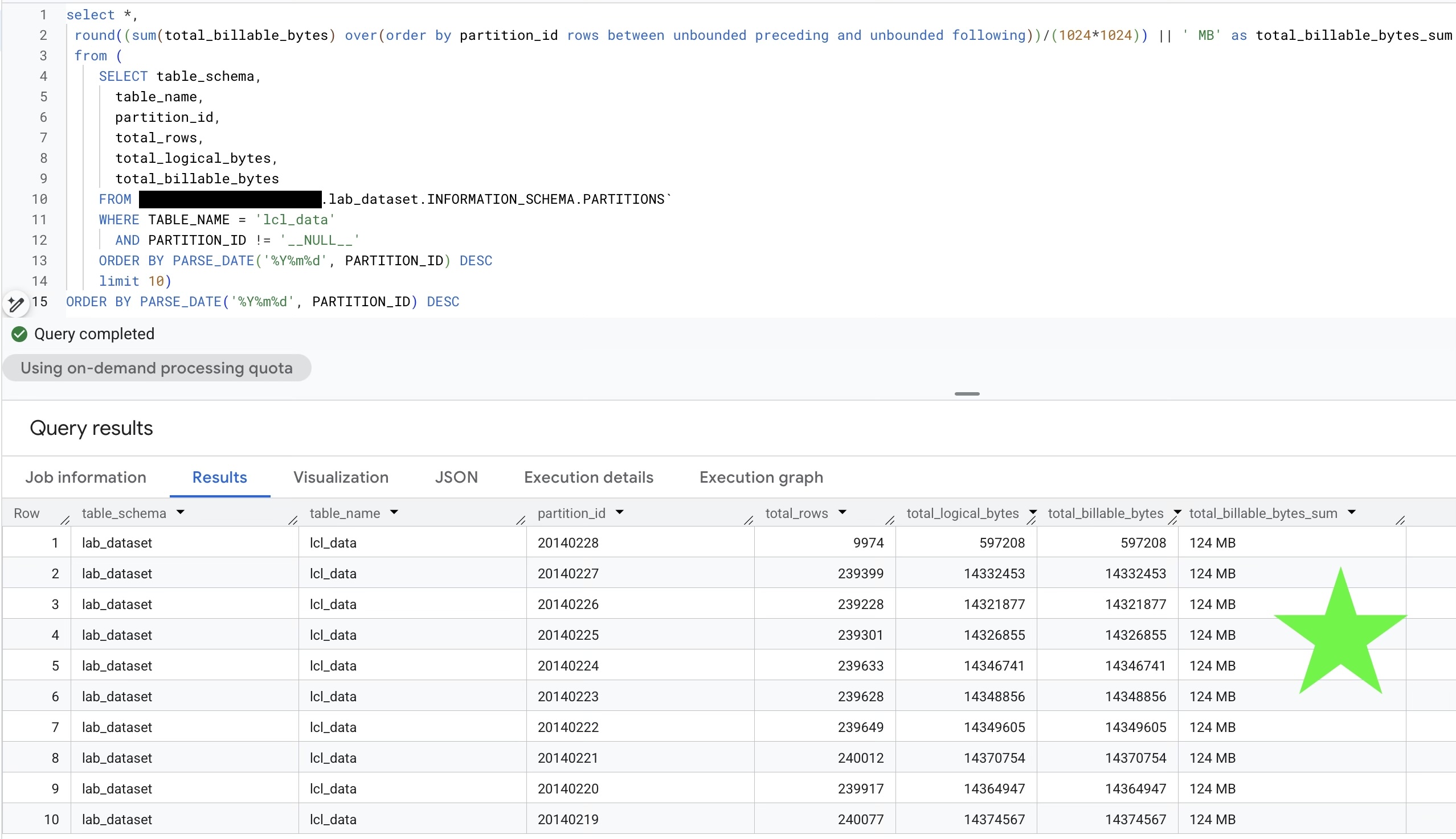 BigQuery 10 most recent partitions